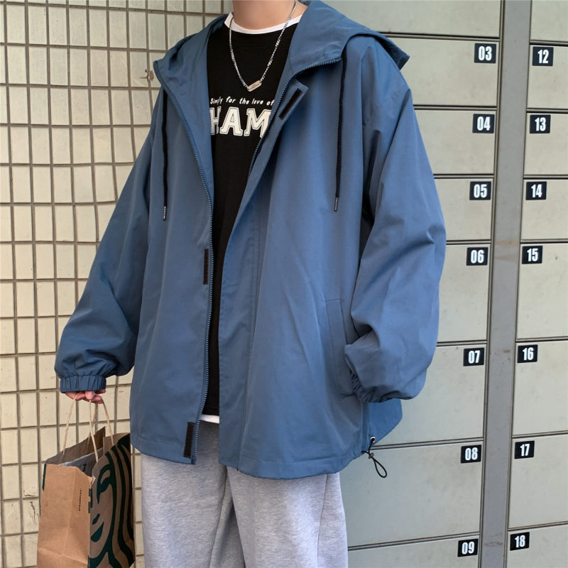 Spring new style trendy loose hooded student jacket men's solid color large size jacket control
