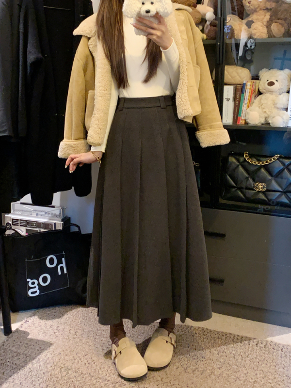 Woolen pleated skirt suit skirt women's autumn and winter gray high-waist versatile A-line skirt umbrella skirt long skirt