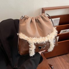New Korean style fur splicing drawstring shoulder bag retro large capacity butterfly decoration crossbody bucket bag small square bag