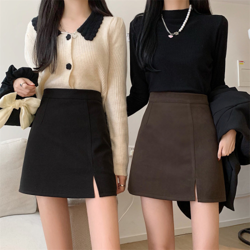 Woolen slit hip-covering one-step skirt for women 24 autumn new high-waisted slimming A-line skirt with sweater