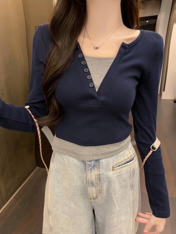 Spliced ​​fake two-piece right shoulder long-sleeved T-shirt for women early autumn chic slim slim T-shirt v-neck chic short top