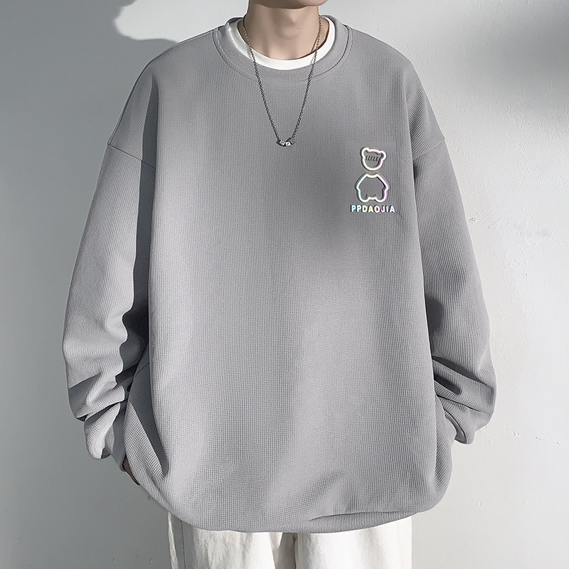 Special batch of 32 no price difference Hong Kong style waffle pullover bottoming shirt for men with steel stamp reflective colorful bear sweatshirt