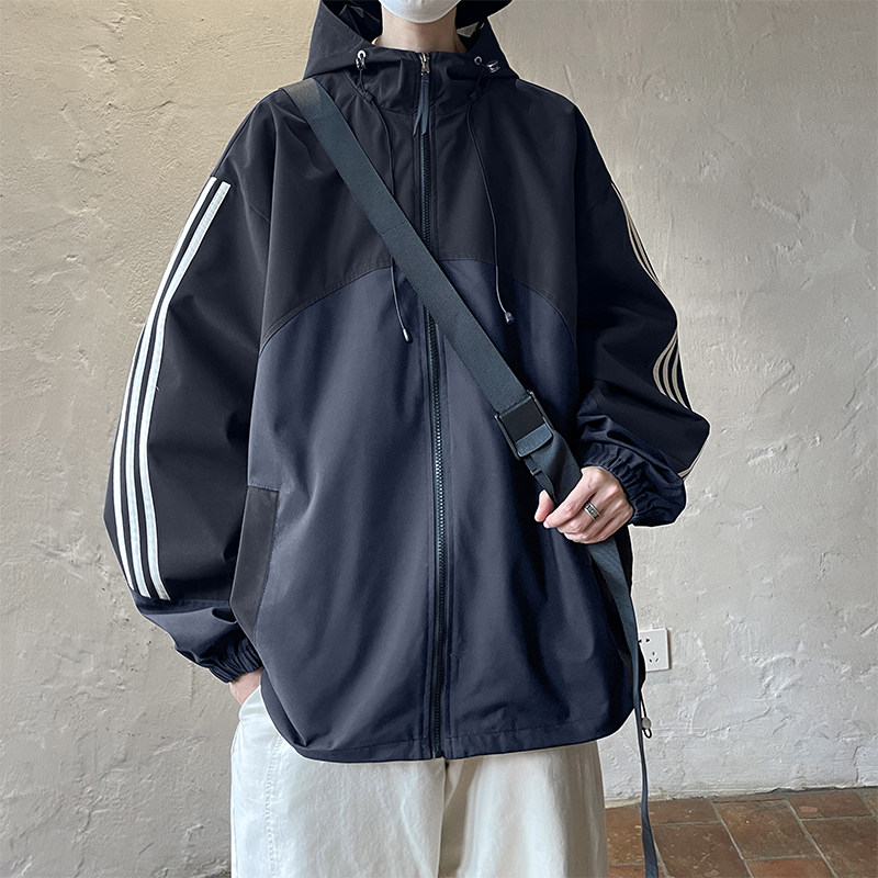 Hong Kong style outdoor three-proof mountaineering stripe contrasting color jacket large size jacket