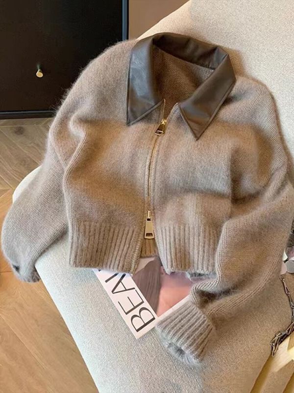 New autumn and winter women's polo collar knitted sweater short design double zipper jacket warm top