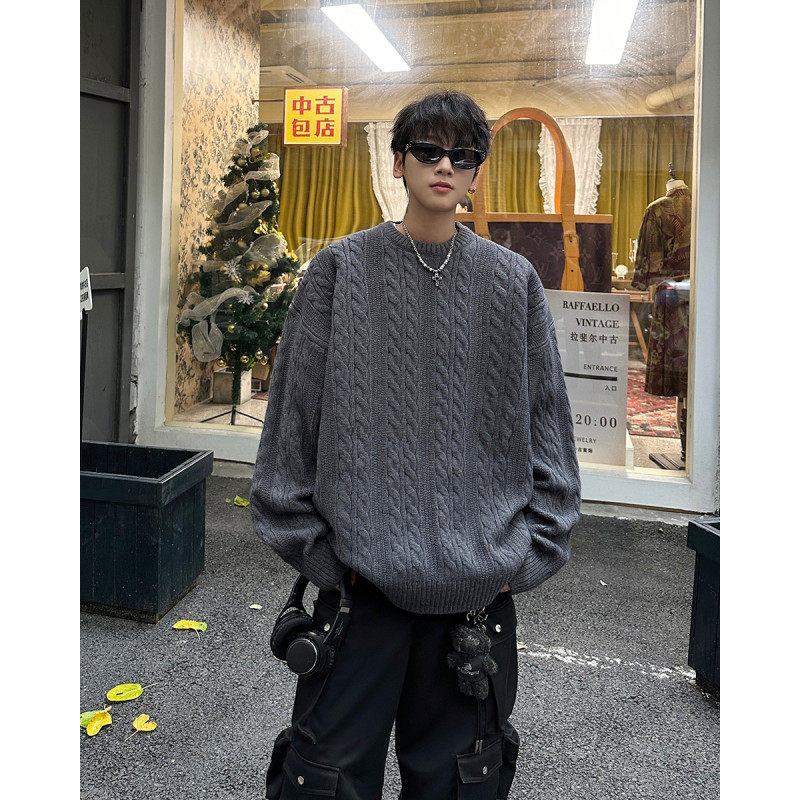 Men's solid color twist knitted sweater