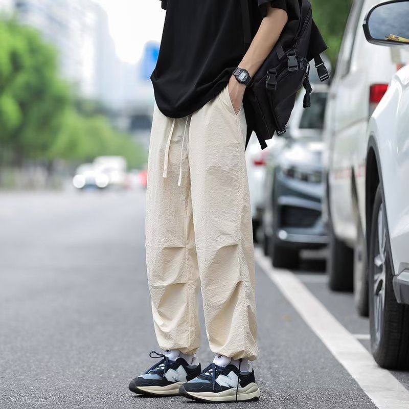 High-quality spring men's casual pants, ice silk pleated quick-drying pants, drawstring leggings, assault pants