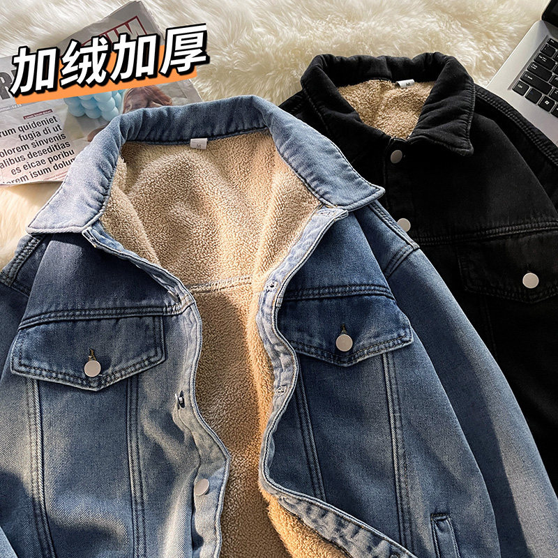 Japanese trendy brand casual tops for couples, autumn velvet denim jackets for men and women