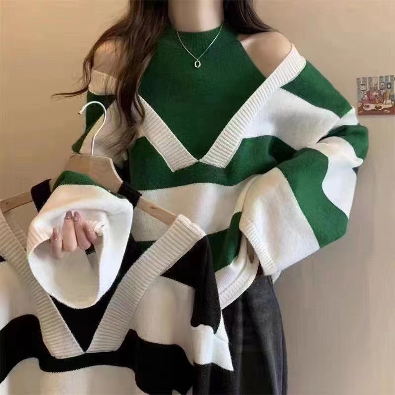 Korean chic autumn and winter retro style halterneck off-shoulder fake two-piece design contrasting striped long-sleeved knitted sweater for women
