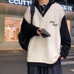 Fake two-piece sweater for men in autumn and winter thickened ins trend all-match bottoming sweater Korean version loose lazy wind sweater