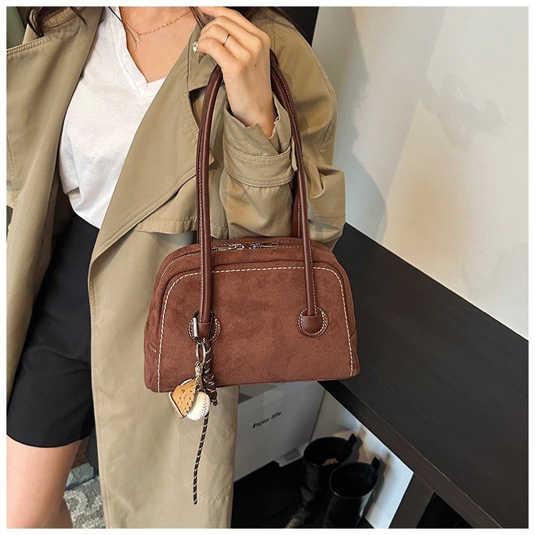 Red bowling bag for women, high-end niche, second-hand handbag, retro waxed leather shoulder crossbody bag for women