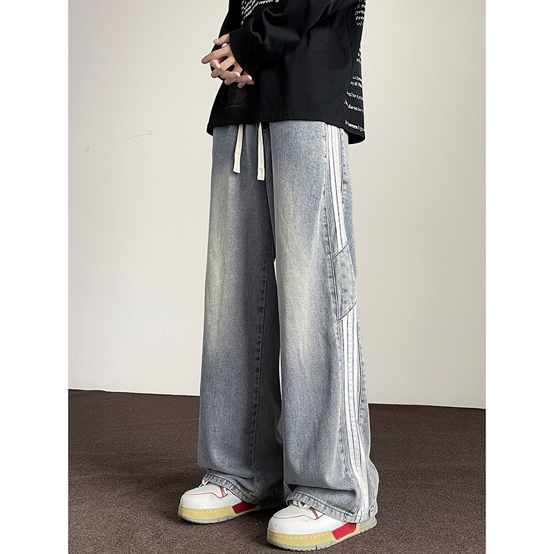 American striped autumn new straight pants men's retro street all-match jeans