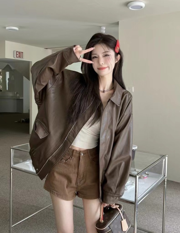 Maillard Leather Jacket Women's Spring and Autumn New American Retro Jacket Motorcycle Wear Small Brown Top
