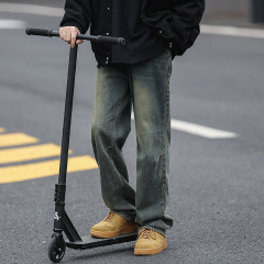 Retro blue jeans men's autumn and winter American high street fashion brand plus fleece pants loose straight leg washed thickened long pants