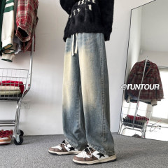 Cat scratch black jeans for men winter American high street loose straight pants washed