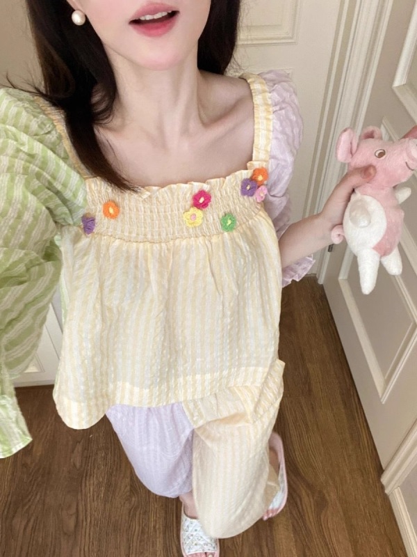 Spring and Autumn New Pajamas for Female Internet Celebrities Ins Style Contrast Color Home Clothes Official