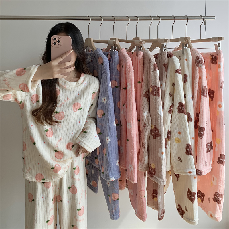 Cartoon Coral Fleece Pajamas Autumn and Winter Long Sleeve Thickened Flannel Winter Day Home Clothes Set