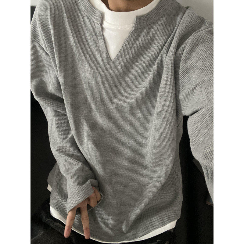[Available] Gray fake two-piece sweatshirt for men in spring and autumn with high-end long-sleeved T-shirt underneath