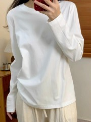 Simple pure cotton white T-shirt for men and women, casual basic bottoming shirt for autumn, long-sleeved top with long sleeves and versatile right shoulder