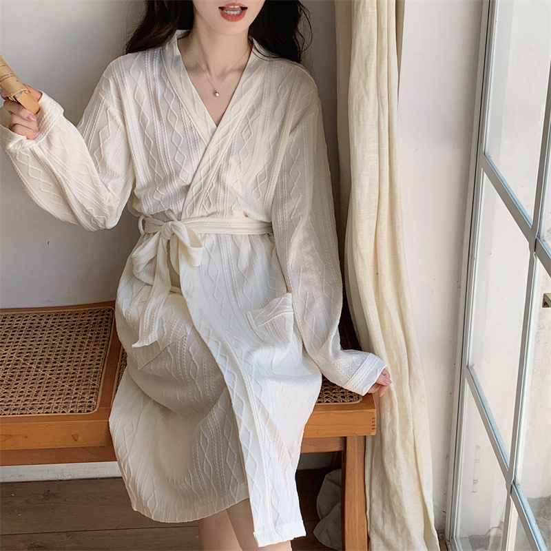 New winter embossed jacquard rope belt nightgown for women simple Korean version ins sexy home wear