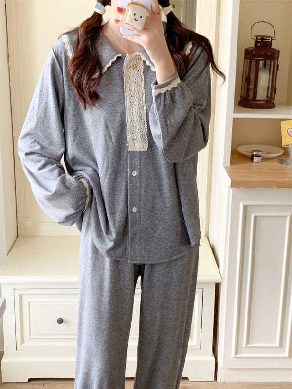 Korean style autumn new pajamas for women long-sleeved loose sweet solid color home wear set