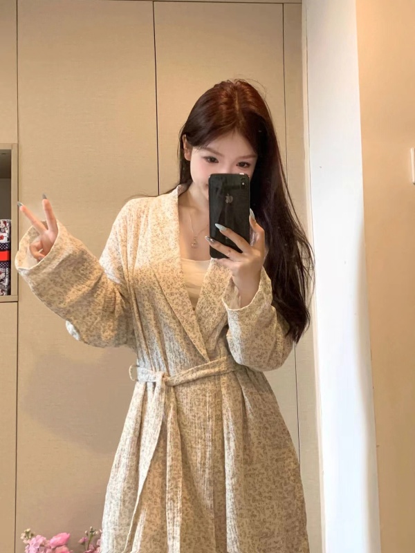 High-quality imitation cotton nightgown for women spring and autumn new style long-sleeved sleeping pink floral long bathrobe with belt and temperament