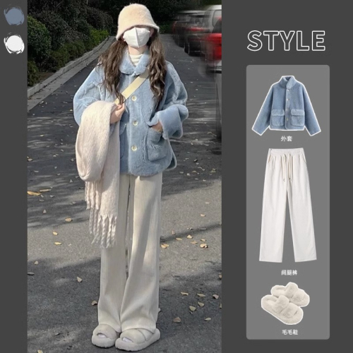 Off-white corduroy wide-leg pants for women in spring, autumn and winter high-waisted casual plus velvet petite chenille straight pants