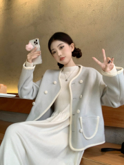 Autumn new fashionable half-high collar knitted long-sleeved dress small fragrant style woolen coat beautiful suit for women