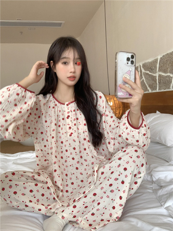 Spring sweet and cute printed round neck pure cotton long-sleeved trousers pajamas home wear set for women