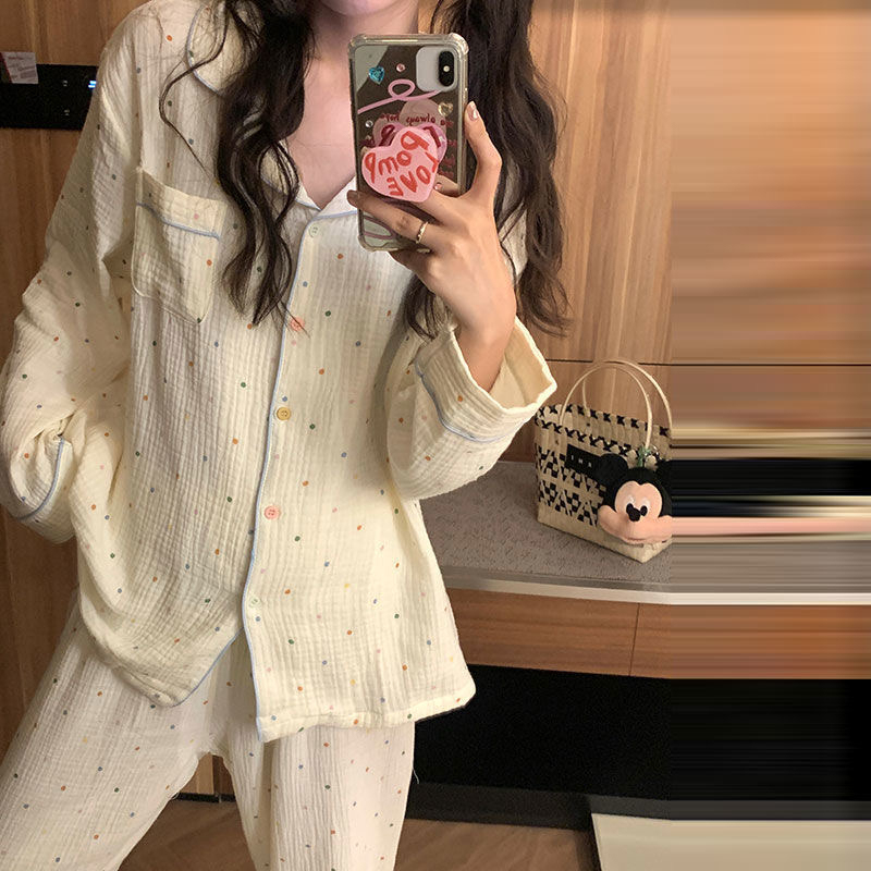 Korean ins simple pajamas for women Japanese style sweet and cute polka dot girl long-sleeved cardigan loose home clothes suit