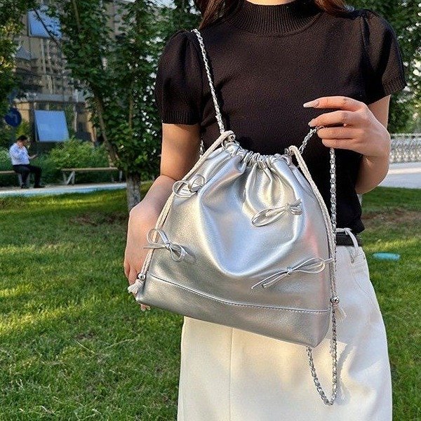 Original y2k drawstring bow bag soft leather cute backpack single shoulder large capacity versatile commuter bag