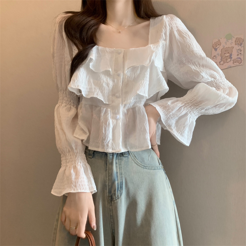 New versatile and gentle style retro square collar ruffled long-sleeved shirt for women