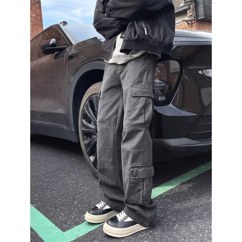 Net picture multi-pocket three-dimensional distressed micro-flare loose casual straight pocket overalls trousers