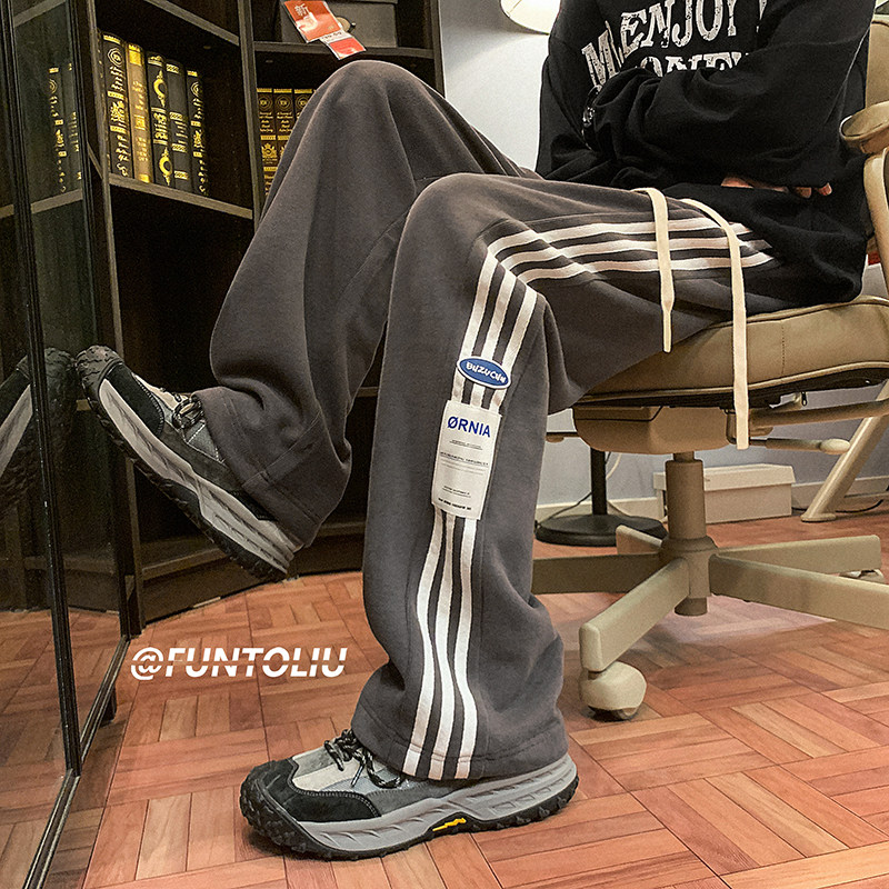 American street pants men's autumn and winter straight loose high street fashion brand retro brown casual sports pants