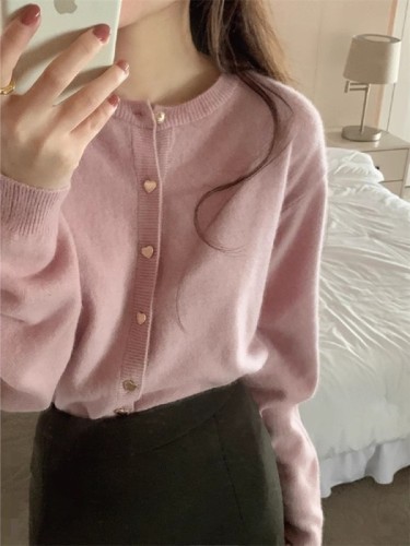 Pink knitted cardigan for women in autumn and winter gentle style imitation raccoon velvet high-end short sweater jacket petite top