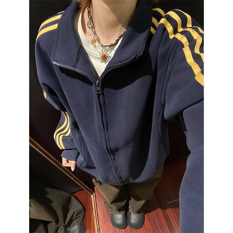 Striped cardigan sweatshirt for male couples to wear American fashion brand retro casual stand-up collar zipper jacket