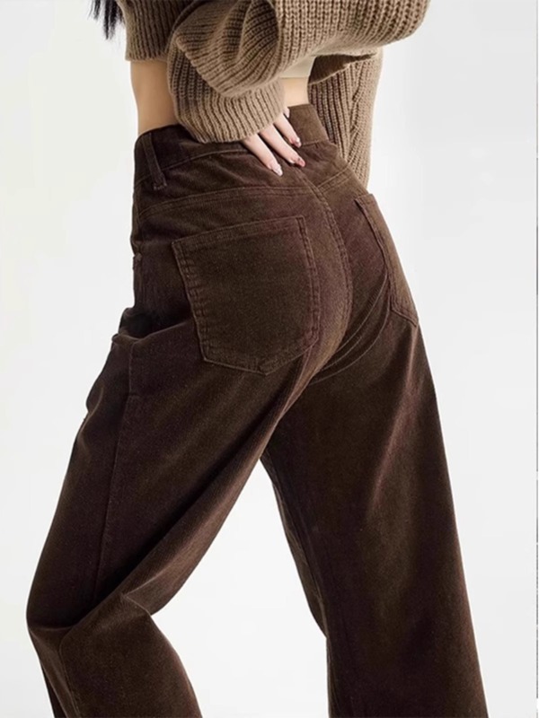 Brown brown corduroy straight pants plus size women's autumn and winter pear-shaped figure fat mm high waist slimming wide leg casual pants