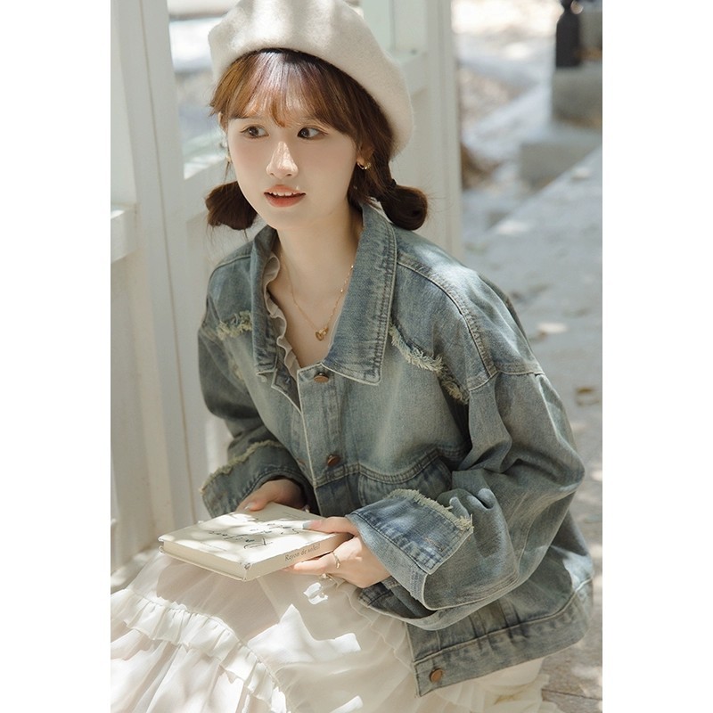 Hong Kong style retro denim jacket for women autumn raw edge unique and chic loose jacket top