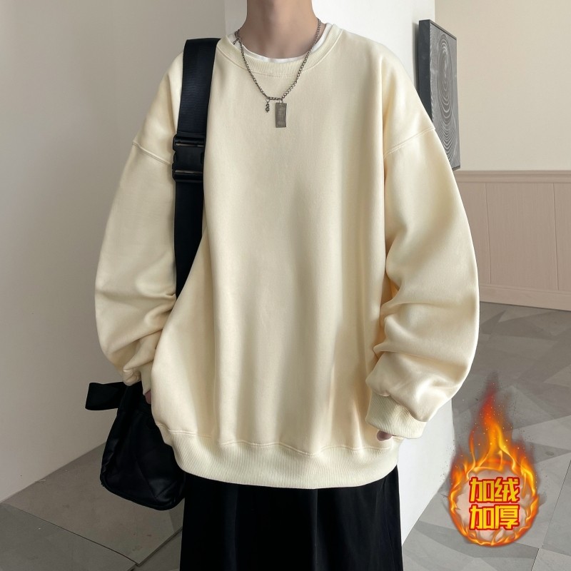Plush velvet and thickened men's solid color glossy sweatshirt, round neck, dropped shoulders, loose, extra fat and enlarged