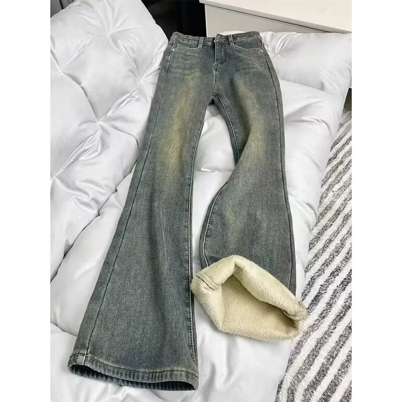 Thickened velvet retro blue straight-leg jeans for women in winter high-waisted hip-covering stretchy slim-fitting horse-shoe trousers