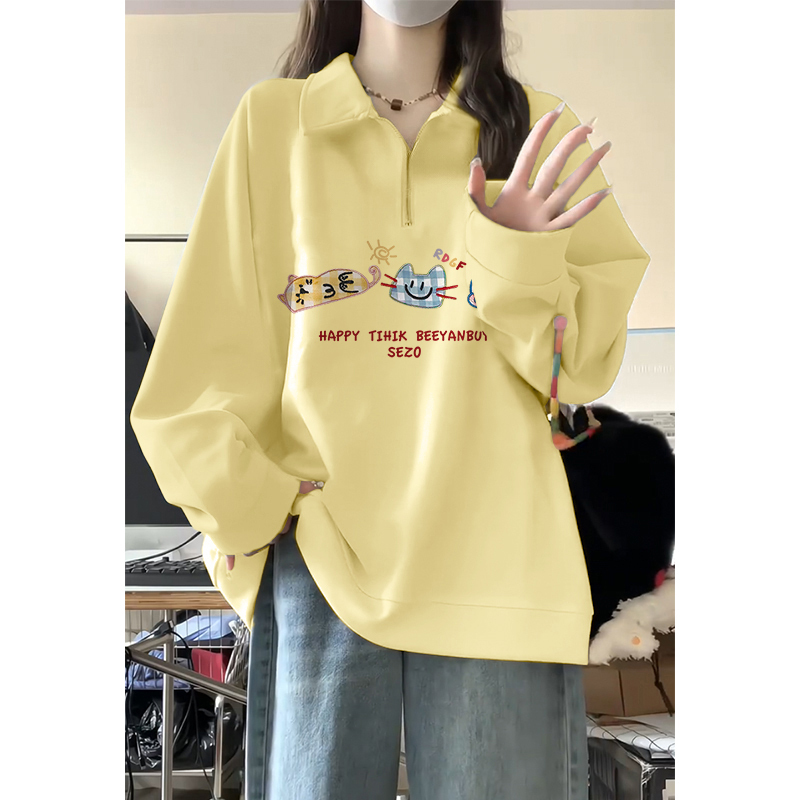 CVC cotton pasta wool Chinese cotton composite/milk silk 300g silver fox velvet 400g front printed lapel sweatshirt for women