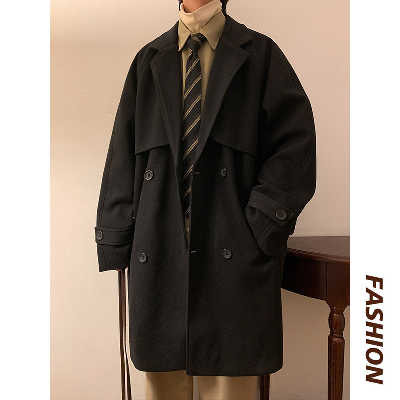 Hong Kong style double-breasted woolen mid-length coats for men and women, woolen windbreakers, loose long coats