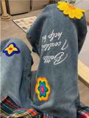 National trend American creative petal letter embroidered jeans for women spring and autumn retro loose couple straight wide leg trousers