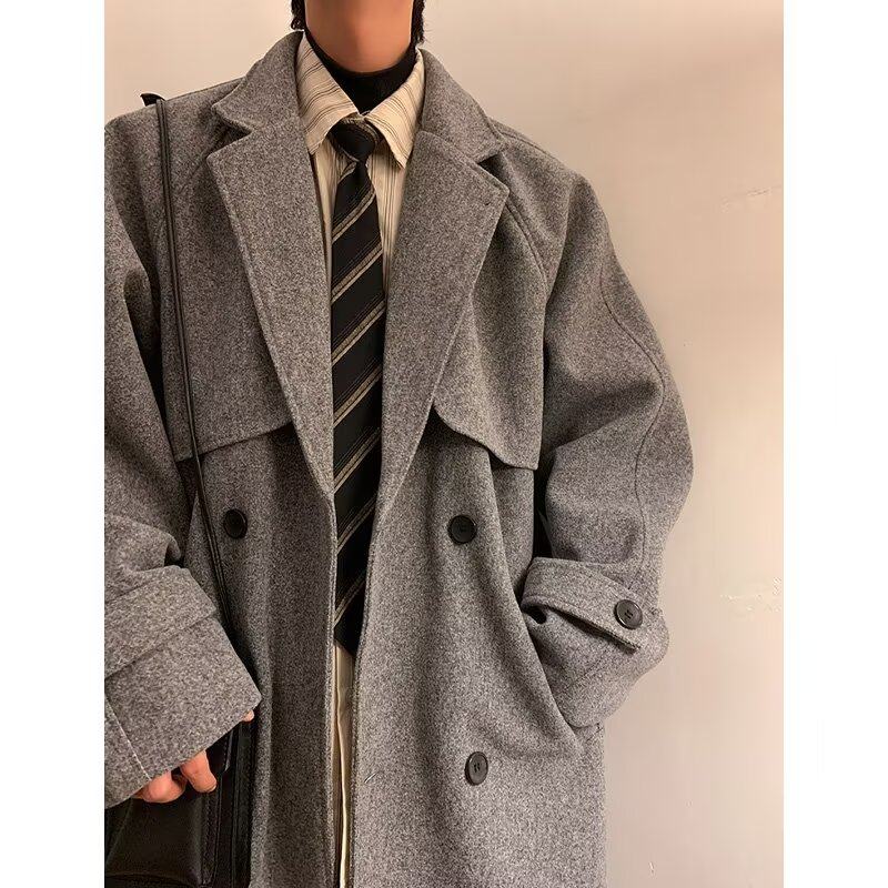 Woolen coat men's mid-length winter high-end thickened suit jacket loose casual couple light mature style windbreaker