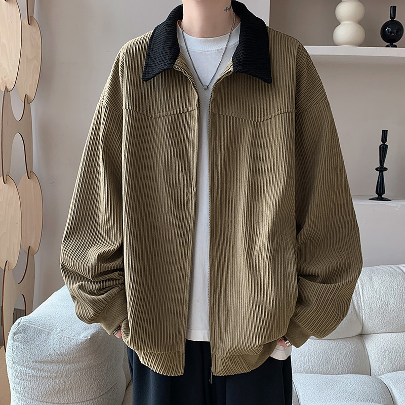 Autumn new large size contrasting color corduroy jacket men's fashion versatile trendy lapel jacket