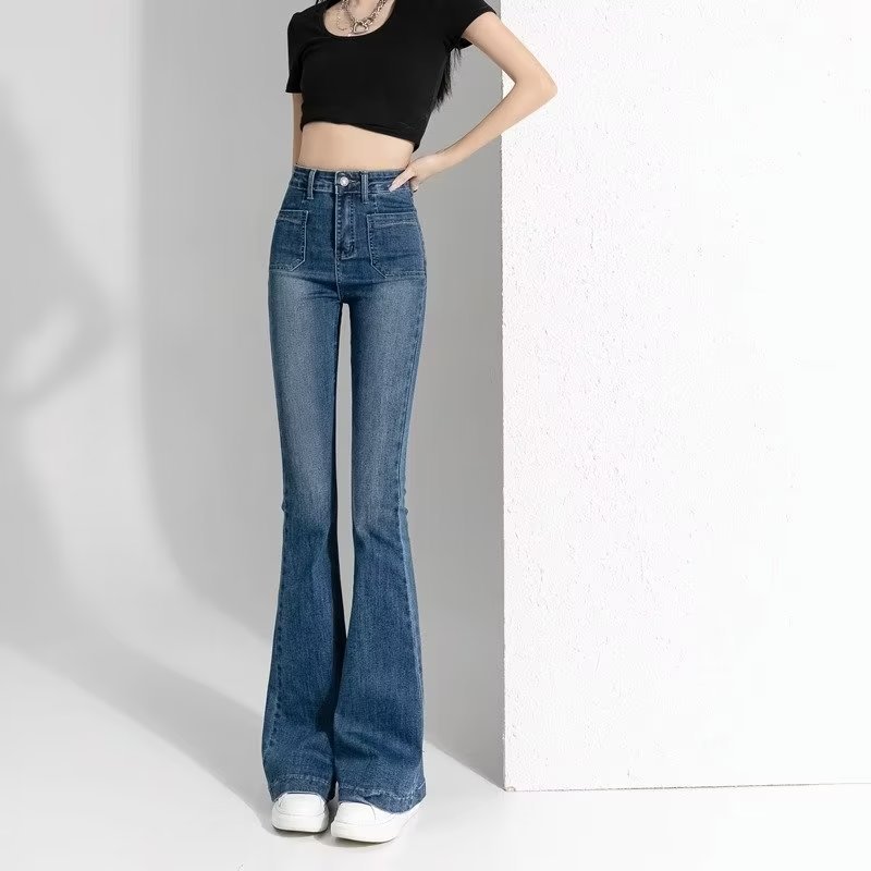 Micro-lagging jeans for women in autumn new style high-waisted slimming stretchy horseshoe flared pants for spring and autumn for small people