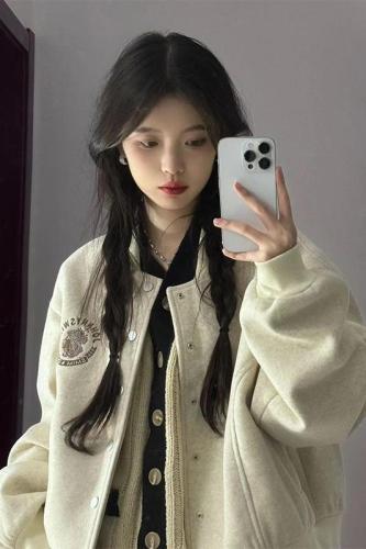 Chinese cotton composite milk silk lined American retro embroidered short baseball uniform jacket for women