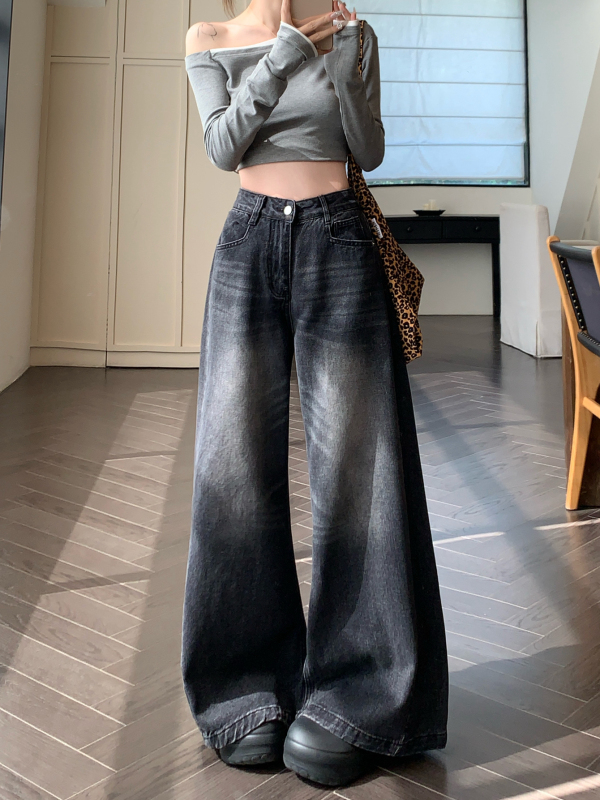 New high-waisted denim trousers for women, washed design, large trouser legs, loose wide-leg floor-length trousers