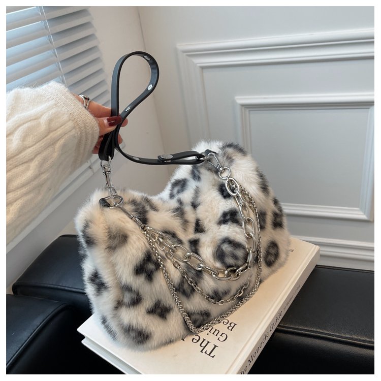 Leopard Rex Rabbit Fur Handbag Women's High-end Style Chain Crossbody Bag 2024 New Winter Plush Bag