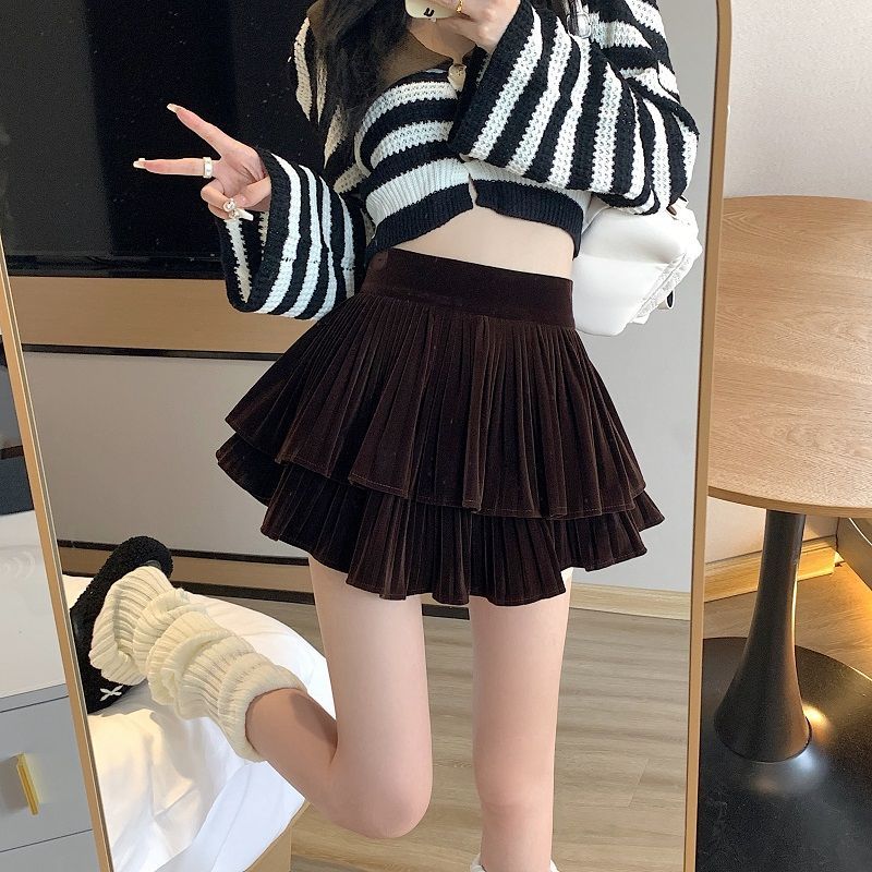 Petite Velvet Skirt Women's High Waist Cake Skirt Pleated Skirt A-Line Skirt