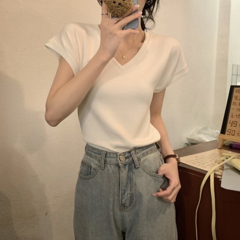 Actual shot and real price Spring and summer Korean style temperament V-neck simple pure cotton off-shoulder versatile short-sleeved T-shirt women's top